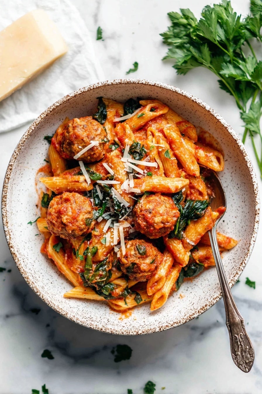 The image shows a white rectangular baking dish filled with a baked pasta dish. The bottom layer is penne pasta covered in a rich red-orange sauce with some tomato chunks. Mixed through and on top are golden-brown meatballs and bright green spinach leaves, adding color contrast. The pasta and meatballs are lightly sprinkled with melted grated cheese. A wooden spoon is partially buried into the dish on the right side. The dish sits on a white marbled surface. photo taken with an iphone --ar 2:3 --v 7 - No-Boil Baked Penne with Meatballs, baked pasta with meatballs, easy baked penne recipe, one-pot pasta dinner, hassle-free weeknight meal