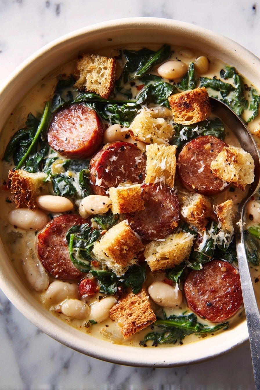 A close-up of a creamy stew with several layers visible: the bottom layer is a smooth, light cream sauce, mixed with soft white beans scattered throughout. Above this, dark green leafy vegetables add texture and color contrast. Large slices of browned sausage with a crispy outer edge and reddish-brown color sit on top within the stew. Golden brown croutons are placed on the top layer, adding a crunchy texture. The dish is served in a white bowl on a white marbled surface. Photo taken with an iphone --ar 2:3 --v 7 - White Bean and Smoked Sausage Skillet, hearty sausage and bean skillet, quick sausage and bean dinner, one-pan sausage recipes, easy comfort food skillet