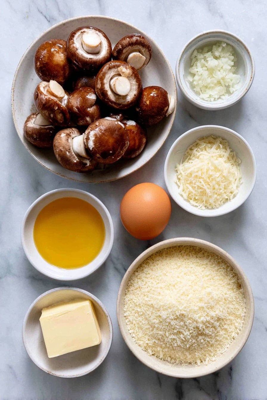 Flat lay of fresh whole cremini mushrooms with some thinly sliced, a small pile of acini di pepe pasta, a whole uncracked brown egg, a small white ceramic bowl of golden extra-virgin olive oil, a small white ceramic bowl of unsalted butter, a small white ceramic bowl of finely chopped shallot, a small white ceramic bowl of finely chopped garlic cloves, a small white ceramic bowl of light golden vegetable broth, a small white ceramic bowl of thick heavy cream, and a small white ceramic bowl filled with finely grated Pecorino Romano cheese, all arranged with perfect symmetry on a clean white marble surface, soft natural light, photo taken with an iPhone, professional food photography style, fresh ingredients, white ceramic bowls, no bottles, no duplicates, no utensils, no packaging --ar 2:3 --v 7 --p awthu7i m7354615311229779997 - Creamy Mushroom Pastina, Mushroom Pastina, Comforting Mushroom Pasta, Easy Mushroom Pasta, Velvety Mushroom Sauce
