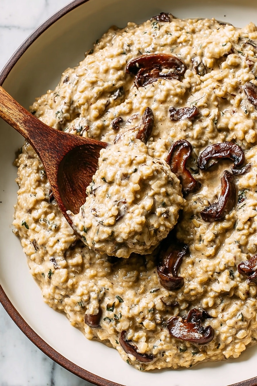 Two grey bowls are filled with a thick, creamy oatmeal-like dish that has a light beige color with small flecks of darker grains throughout. Each bowl shows several pieces of golden-brown cooked mushroom slices spread on top, adding a rich texture and darker brown contrast to the pale oatmeal. White shredded cheese lightly sprinkles over the top, resting on the surface of the dish and some on the bowls' edges. One bowl has a silver spoon partially dipped into the mixture, placed on the right side within the bowl. To the top left of the image, a pink ribbed glass cup filled with a bubbly sparkling drink sits on a light-colored surface with soft warm beige tones. The background shows a white marbled texture underneath everything. photo taken with an iphone --ar 2:3 --v 7 - Creamy Mushroom Pastina, Mushroom Pastina, Comforting Mushroom Pasta, Easy Mushroom Pasta, Velvety Mushroom Sauce