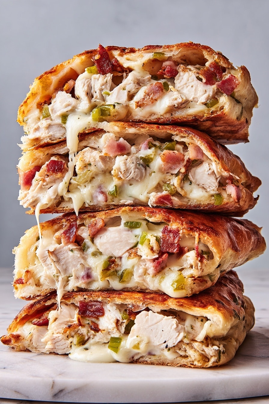 The image shows four thick layers of a folded stuffed bread stacked on top of each other. The outside is golden brown and crispy with a slightly bubbly texture. Inside each layer, there are chunks of white cooked chicken, small pieces of reddish-brown cooked bacon, melted white cheese that oozes out slightly, and small bits of green vegetables like celery or scallions mixed in. The stack sits on a white marbled surface with a soft gray background. photo taken with an iphone --ar 2:3 --v 7 - Costco Chicken Bake, homemade Costco Chicken Bake, cheesy chicken bake recipe, restaurant-style chicken bake, easy Costco Chicken Bake