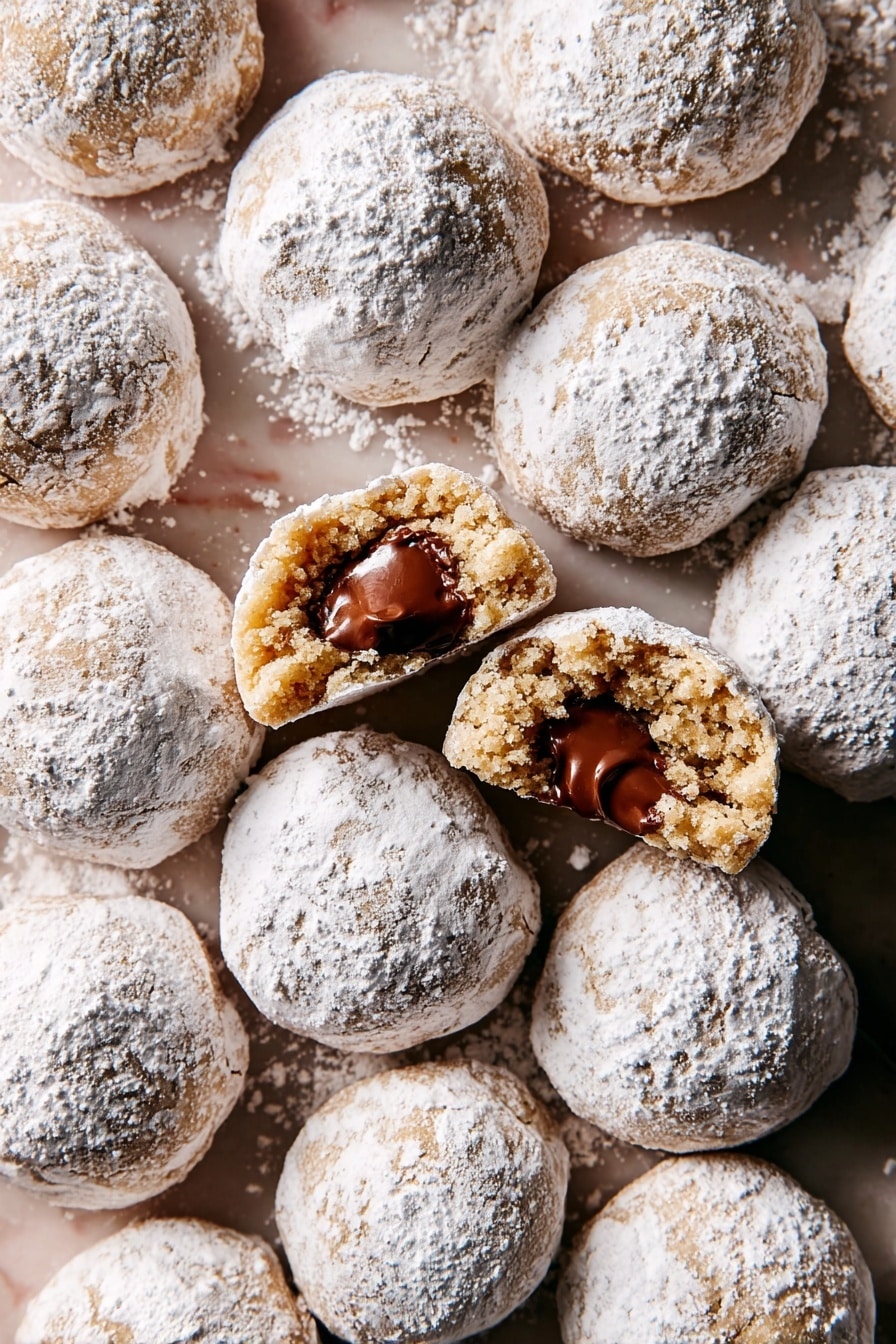 The image shows many round cookies covered in white powdered sugar, placed closely together on a white marbled surface. The cookies have a light golden brown color under the sugar, with a rough texture. Two of the cookies are broken open, showing a soft, crumbly inside with melted, glossy chocolate in the center. The powdered sugar is slightly scattered around the cookies, adding to the delicate look. photo taken with an iphone --ar 2:3 --v 7 - Nutella Snowball Cookies, Nutella Snowball Cookies recipe, chocolate Nutella cookies, easy Nutella cookies, holiday Nutella desserts