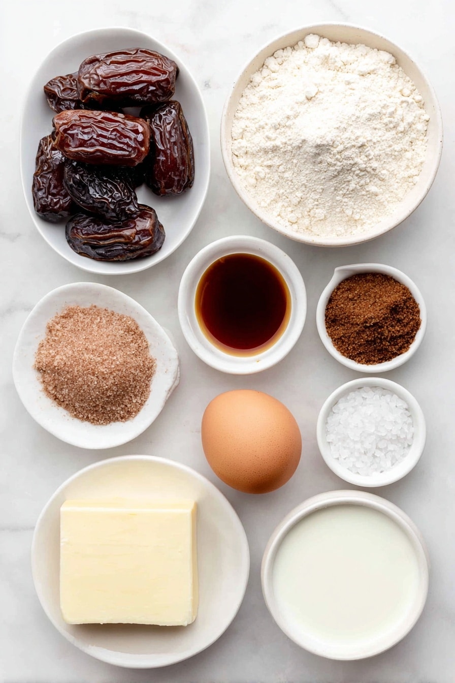 Flat lay of a small pile of glossy Medjool dates, a mound of dark brown sugar, a slab of unsalted butter, one large brown egg with a clean shell, a small white bowl of pure vanilla extract, a neat heap of all-purpose flour, a pinch of kosher salt crystals, a small white bowl of heavy cream, a small white bowl of dark brown sugar for sauce, a small white bowl with a chunk of unsalted butter, and a small white dish of flaky sea salt, all arranged symmetrically in balanced proportions on simple white ceramic dishes and bowls, placed on a clean white marble surface, soft natural light, photo taken with an iPhone, professional food photography style, fresh ingredients, white ceramic bowls, no bottles, no duplicates, no utensils, no packaging --ar 2:3 --v 7 --p awthu7i m7354615311229779997 - Sticky Toffee Blondies, Blondie dessert with dates and toffee, Easy sticky toffee blondie recipe, Gooey date blondies, Decadent caramel blondie bars