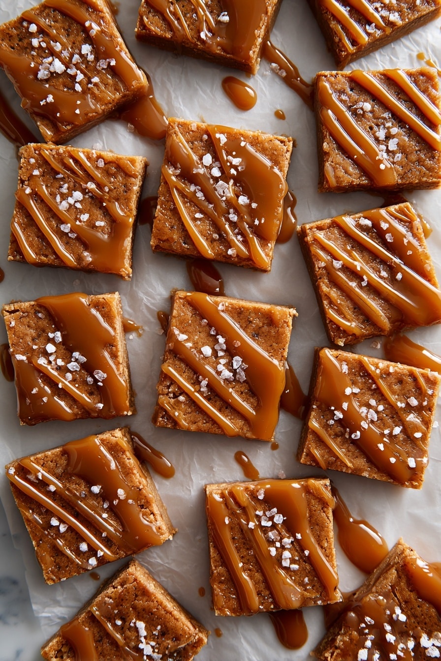 The image shows a tall stack of four square brown cake pieces with small dark spots inside, placed one on top of another. On top of the stack is a scoop of white ice cream or cream, covered with shiny caramel sauce dripping down the sides of the cakes. The background is simple and light, with a white marbled texture. photo taken with an iphone --ar 2:3 --v 7 - Sticky Toffee Blondies, Blondie dessert with dates and toffee, Easy sticky toffee blondie recipe, Gooey date blondies, Decadent caramel blondie bars