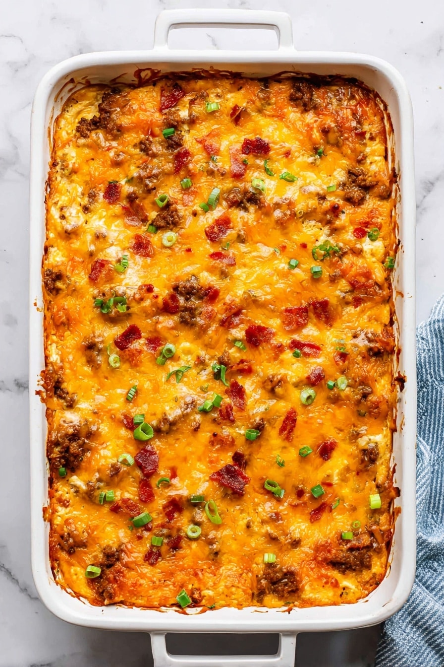 A rectangular white baking dish filled with a cheesy casserole, showing one thick layer of melted golden-orange cheese with browned edges. The top layer has bits of browned ground meat and small pieces of red bacon scattered throughout, with small green onion pieces sprinkled over. The cheese surface looks creamy and slightly textured with some darker spots where it baked more. The dish is placed on a white marbled surface. photo taken with an iphone --ar 2:3 --v 7 - Ultimate Breakfast Casserole with Sausage and Hashbrowns, breakfast casserole with sausage and hashbrowns, hearty breakfast casserole, make-ahead breakfast casserole, cheesy breakfast casserole