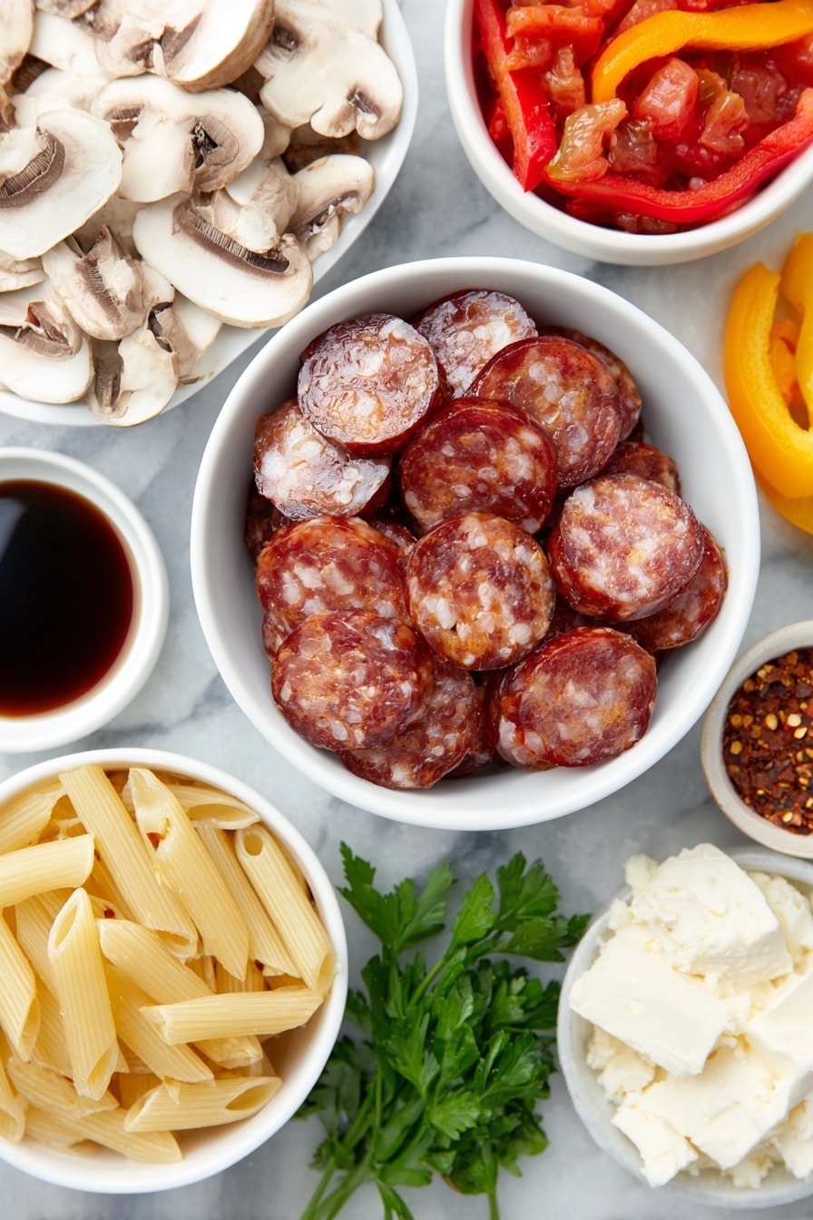 Flat lay of sliced andouille sausage medallions, thinly sliced fresh baby bella mushrooms, thin slices of red bell pepper, thin slices of yellow bell pepper, three whole garlic cloves, uncooked gluten-free penne pasta, small white bowl of diced fire-roasted tomatoes, small white bowl of chicken broth, small white bowl of Cajun seasoning mix, chunks of cream cheese, small bunch of fresh Italian parsley sprigs, small white bowl of red pepper flakes, all arranged symmetrically in simple white ceramic bowls and plates, placed on a clean white marble surface, soft natural light, photo taken with an iPhone, professional food photography style, fresh ingredients, white ceramic bowls, no bottles, no duplicates, no utensils, no packaging --ar 2:3 --v 7 --p m7354615311229779997 - Creamy Cajun Sausage Pasta, Cajun sausage pasta, creamy pasta with Cajun spices, easy Cajun sausage dinner, one-pot Cajun pasta