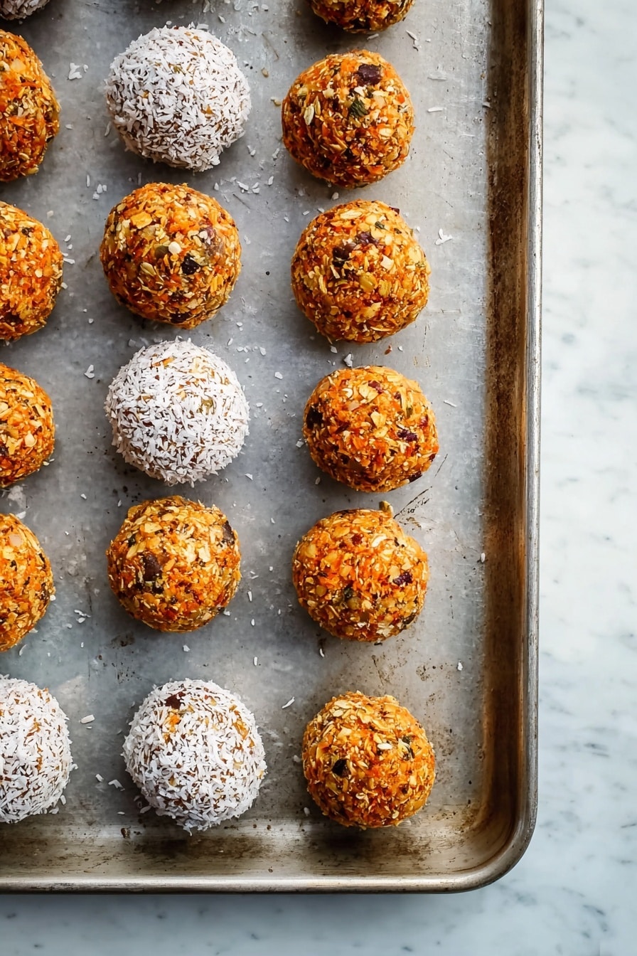 The image shows a black bowl filled with round energy balls. There are two types of balls: one type is covered with white shredded coconut, giving it a rough light texture, and the other type is bright orange with small nut and seed pieces embedded in the surface. The balls are stacked, with some on the bottom and three more visible near the top, creating a small pile. The setting is a white marbled surface with soft natural light. The focus is on the balls at the front, showing their detailed texture clearly, while the background is softly blurred. photo taken with an iphone --ar 2:3 --v 7 - Healthy No-Bake Carrot Energy Bites, nutritious energy bites, quick healthy snacks, wholesome no-bake treats, homemade energy balls