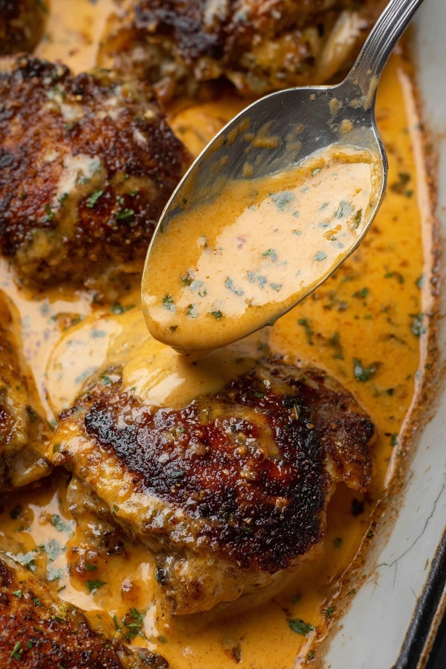 A close-up view shows several cooked chicken pieces with a crispy, dark brown skin layer sitting in a pool of creamy orange sauce with green herb bits. A metal spoon pours the same orange sauce, which is smooth and slightly thick, over one chicken piece in the center. The sauce glistens and spreads, covering the textured surface of the chicken, and the dish is on a white marbled background. photo taken with an iphone --ar 2:3 --v 7 - Creamy Baked Chicken Thighs, baked chicken thigh recipes, easy chicken dinner ideas, juicy baked chicken thighs, creamy chicken sauce
