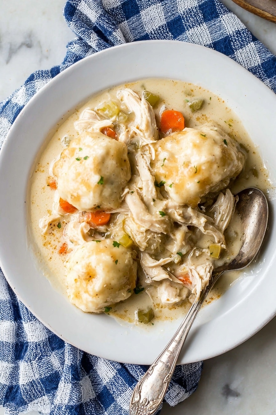 The image shows a white plate on a blue and white checkered cloth, filled with a creamy chicken and biscuit stew. The dish has a base layer of thick, pale yellow sauce with small bits of carrot and celery visible. On top of this sauce are shredded pieces of light brown chicken and large, soft-looking pale biscuits coated in the sauce, all sprinkled with black pepper. To the top left, there is a white pan full of the same stew, with more biscuits floating in the sauce. A tarnished silver spoon rests on the right side of the plate, partially submerged in the sauce. The whole setup is on a dark wooden table with a white marbled texture in the background. photo taken with an iphone --ar 2:3 --v 7 - Chicken and Biscuit Dumplings, easy chicken and biscuit dumplings, hearty chicken and biscuit recipe, quick comfort food dinner, simple chicken stew with biscuits