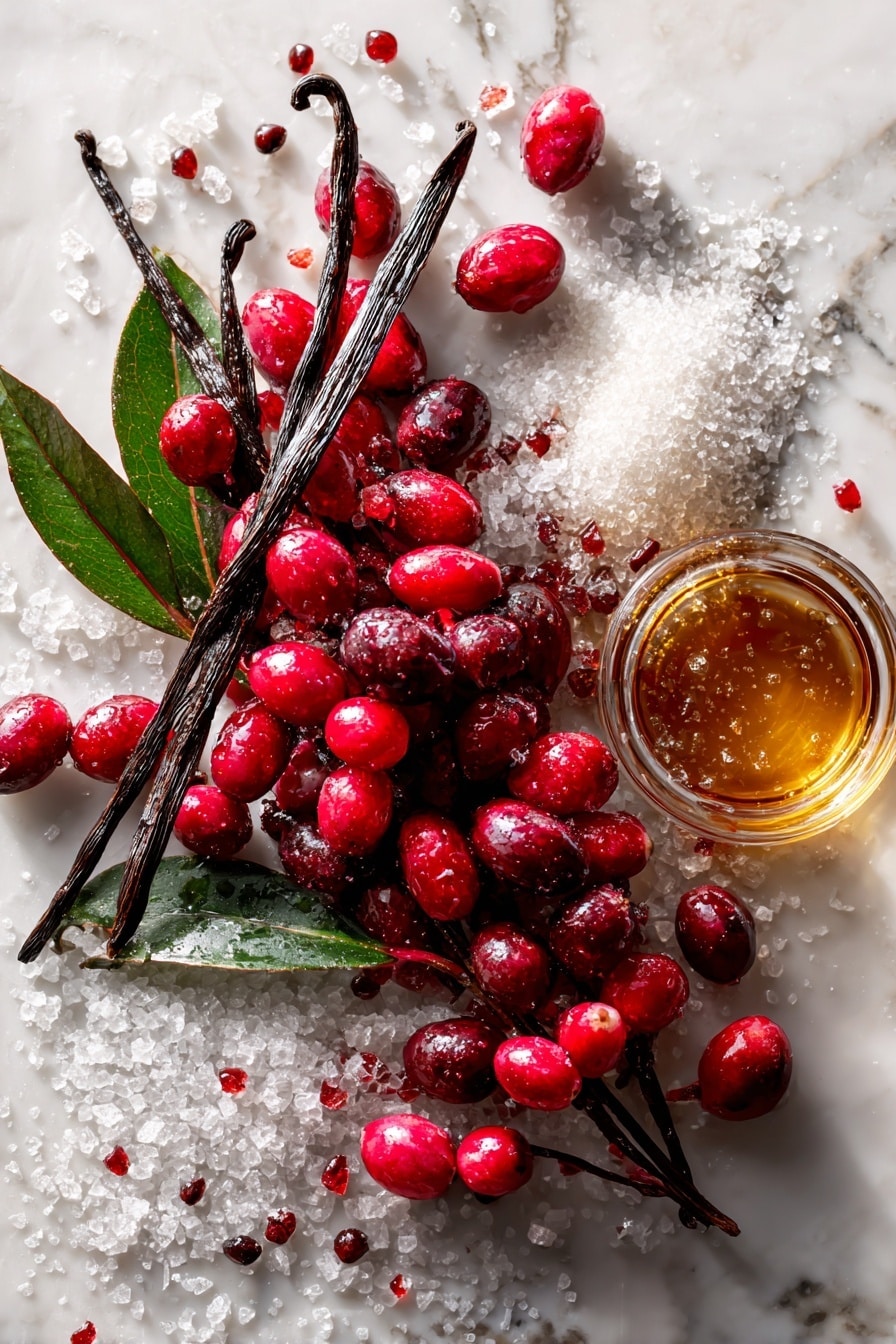 Flat lay of a vibrant cluster of fresh red cranberries, a glossy split vanilla bean showing its tiny black seeds, a small heap of sparkling white sugar crystals, a rich amber splash of bourbon in a clear glass, and a light golden pour of apple cider, all naturally scattered and slightly overlapping with a few loose cranberry leaves adding deep green accents, placed on white marbled surface, photo taken with an iphone --ar 2:3 --v 7 - Bourbon Vanilla Cider Cranberry Sauce, cranberry sauce with bourbon and vanilla, easy holiday cranberry sauce, festive cranberry sauce recipe, flavorful cranberry condiment