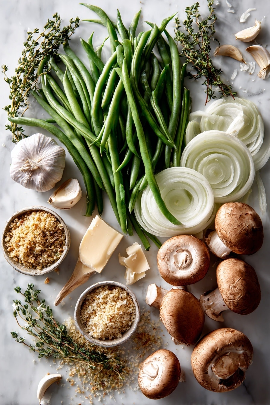Flat lay of fresh green beans snapped in half with vibrant green color and crisp texture, thinly sliced sweet onion rings showing off their pale purple and white layers, rich brown cremini mushrooms with smooth caps, peeled garlic cloves with their creamy white surface, golden whole wheat panko breadcrumbs mixed with fresh green thyme and oregano leaves, small chunks of pale yellow unsalted butter, and a small pile of finely grated parmigiano reggiano cheese with its crumbly texture, all beautifully arranged in a natural, slightly scattered style placed on white marbled surface, photo taken with an iphone --ar 2:3 --v 7 - Lightened Up Fresh Green Bean Casserole, healthy green bean casserole, low-fat green bean casserole, wholesome holiday casserole, creamy green bean casserole