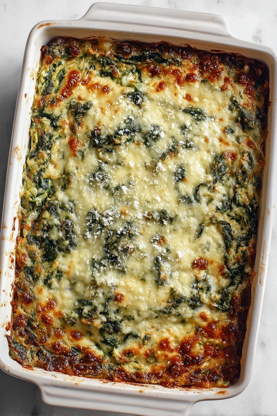 The dish shows a creamy spinach dip with 2 main layers; the bottom layer is rich, smooth white cheese sauce mixed evenly with bright green chopped spinach leaves, thick and soft in texture. The top layer is golden brown melted cheese with some browned spots, slightly crisp in parts, covering the dip evenly. A gold-colored spoon is scooping some of the dip, lifting it to show the creamy texture and fresh spinach inside. The dish is in a white bowl on a white marbled surface. Photo taken with an iphone --ar 2:3 --v 7 - Spinach Gratin with Pancetta and Three Cheeses, cheesy spinach casserole, savory pancetta side dish, baked spinach with cheese, easy cheesy gratin recipe