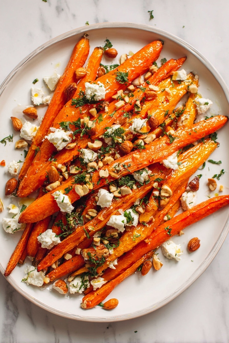 A white round plate on a white marbled surface holds a neatly arranged stack of bright orange roasted carrot sticks with light char marks. Over the carrots, there are small dollops of white soft cheese scattered evenly, adding a creamy texture. Light brown chopped nuts are sprinkled all over, along with small pieces of fresh green herbs spread across the dish. The carrots have a glossy look, showing a light drizzle of oil or dressing. Photo taken with an iphone --ar 2:3 --v 7 - Maple Roasted Carrots with Hazelnuts and Goat Cheese, roasted carrot side dish, caramelized carrots with nuts and cheese, quick vegetable side recipe, elegant roasted carrot dish