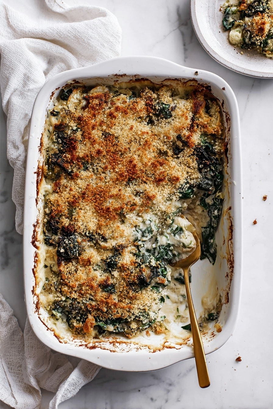 The image shows a baked dish in a white rectangular baking dish with a golden spoon inside. The dish has a crispy brown top layer with melted cheese and breadcrumbs, scattered dark green leafy vegetables throughout, and creamy sauce visible underneath. The edges of the dish are slightly browned and caramelized, showing a crunchy texture. A white cloth is placed to the top left of the dish, and the whole scene is set on a white marbled surface with a white plate with a similar serving partially visible on the top right. Photo taken with an iphone --ar 2:3 --v 7 - Double Kale Gratin, kale gratin recipe, cheesy kale side dish, healthy kale casserole, easy kale gratin