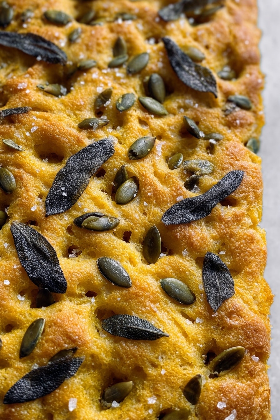 The image shows close-up pieces of a spongy, orange-colored bread or cake with a soft and airy texture. The bread has a few pumpkin seeds scattered on and around it, and one piece rests on top of another, showing the porous inside clearly. In the background, there is a blurred white pumpkin, and the whole setting is on a white marbled surface with soft light. Photo taken with an iphone --ar 2:3 --v 7 - Pumpkin Sage Focaccia, Pumpkin Sage Focaccia with Pepitas and Parmesan, Autumn Focaccia Recipe, Savory Pumpkin Bread, Easy Fall Bread