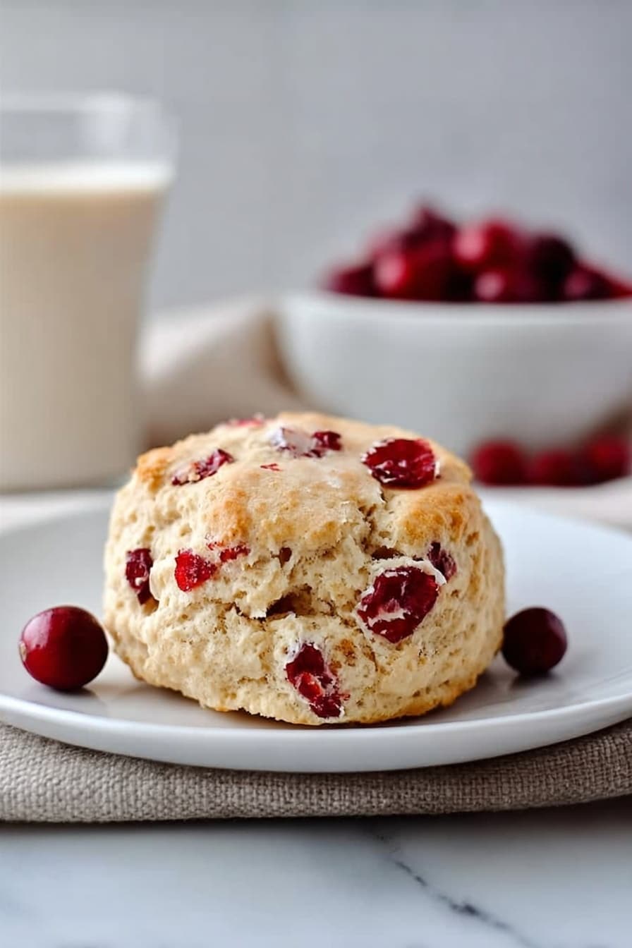 Two halves of an English muffin sit on a white plate with a white marbled surface underneath. Each muffin half is toasted light golden brown with a rough, crumbly texture, and has visible small red bits of what looks like berries embedded inside. On top of each muffin half is a single pale slab of melting butter, softly rounded and slightly shiny, placed near the center. The whole image has a soft natural light giving it a fresh, simple feel. Photo taken with an iphone --ar 2:3 --v 7 - Cranberry Whole Wheat Buttermilk Biscuits, healthy cranberry biscuits, whole wheat breakfast biscuits, flaky cranberry biscuits, homemade cranberry biscuits