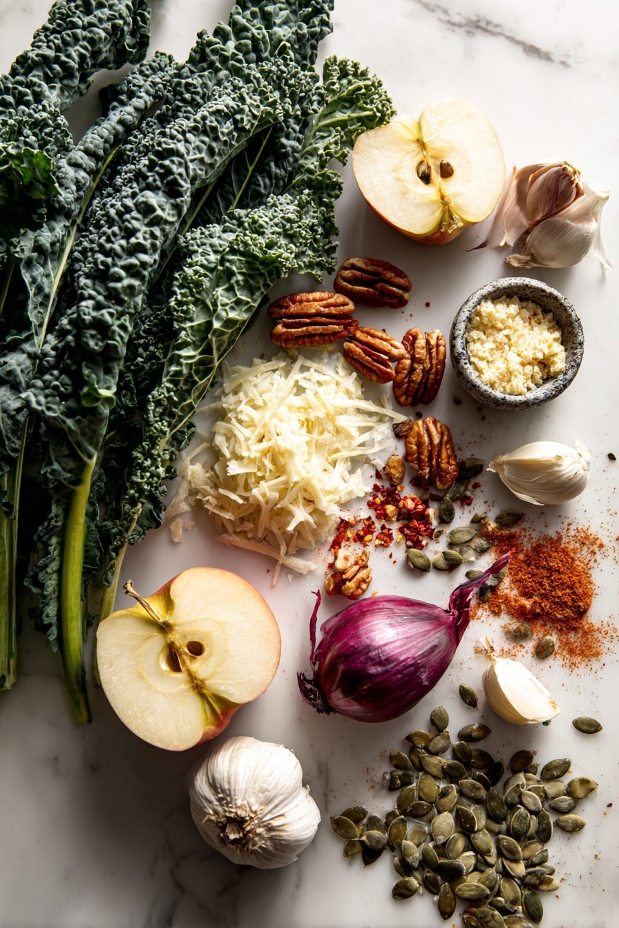 Flat lay of fresh deep green chopped Tuscan kale leaves with their curly texture, thinly sliced crisp Honeycrisp apples showing pale yellow flesh with red blush skin, golden toasted pecans glistening with honey and red pepper flakes, glossy smoky honey-coated pepitas clustered together, a small mound of finely grated sharp white cheddar cheese in soft white curls, a whole shallot with purple outer skin and diced shallot pieces, a bulb of fresh garlic with white papery skin and peeled clove halves, and a scattering of ground cinnamon and smoked paprika powder in warm brown and reddish hues, all naturally arranged with some ingredients overlapping and others spaced apart for visual balance, placed on white marbled surface, photo taken with an iphone --ar 2:3 --v 7 - Nutty Harvest Honeycrisp Kale Salad, fall kale salad with honeycrisp apples, healthy honeycrisp kale salad recipe, crunchy kale salad with cinnamon vinaigrette, apple and kale salad with nuts