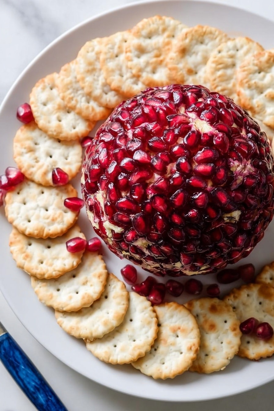A round cheese ball with three layers is shown on a white plate set on a white marbled surface. The outer layer is made of shiny, deep red pomegranate seeds covering the whole cheese ball. The inside has a creamy white layer mixed with green herbs and small bits of nuts, giving a textured look. In front of the cheese ball, there is a small slice of the same layered cheese placed on the plate. Behind the plate, there are small round crackers blurred in the background. To the right, part of a knife with shiny cream cheese spread on it is visible. photo taken with an iphone --ar 2:3 --v 7 - Pomegranate Jeweled Cheeseball, festive cheeseball appetizer, holiday cheese ball, elegant party dips, fruity cheese ball recipe