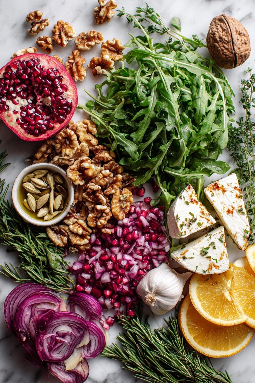 Flat lay of fresh spring greens and arugula leaves in vibrant shades of green, jewel-like ruby red pomegranate arils scattered around, golden roasted walnuts with a glossy honey-cinnamon coating, creamy white halloumi cheese slices with a crisp golden-brown sear, bright orange wedges with a textured peel, finely diced shallot pieces in soft purple hues, fresh garlic cloves in smooth white tones, and a sprig of fresh oregano with delicate green leaves, all arranged naturally with some ingredients overlapping, placed on white marbled surface, photo taken with an iphone --ar 2:3 --v 7 - Pomegranate Greens Salad with Halloumi Croutons and Spiced Orange Vinaigrette, healthy vegan salad recipes, fresh fruit and cheese salad, easy citrus vinaigrette salad, vibrant winter green salad