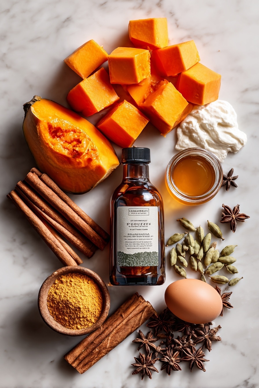 Flat lay of bright orange fresh pumpkin chunks, golden maple syrup in a small glass jar, creamy sour cream dollops, rich brown bourbon bottle with natural wood texture label, whole cinnamon sticks with smooth reddish-brown bark, warm yellowish ground nutmeg and ginger spices in small piles, pale yellow raw eggs with shiny shells, fresh green cardamom pods scattered lightly, and a few glossy, dark brown allspice berries arranged naturally with soft shadows, placed on white marbled surface, photo taken with an iphone --ar 2:3 --v 7 - Bourbon Brûlée Pumpkin Pie, pumpkin pie with bourbon, decadent pumpkin dessert, fall pumpkin pie recipe, adult pumpkin pie with bourbon