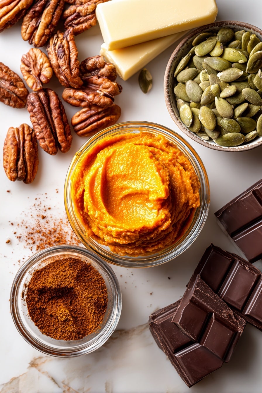 Flat lay of bright orange pumpkin puree in a small glass bowl, golden unsalted butter sticks with a creamy texture, glossy dark milk chocolate chunks and smooth blonde chocolate pieces scattered nearby, rustic toasted pecans with rich brown tones, vibrant green roasted pepitas with a shiny finish, and a small heap of warm brown pumpkin spice powder, all arranged naturally with some overlap and depth, placed on white marbled surface, photo taken with an iphone --ar 2:3 --v 7 - Milk Chocolate Pumpkin Buttercrunch, Pumpkin Buttercrunch Recipe, Fall Candy Recipes, Easy Holiday Treats, Pumpkin Chocolate Snack