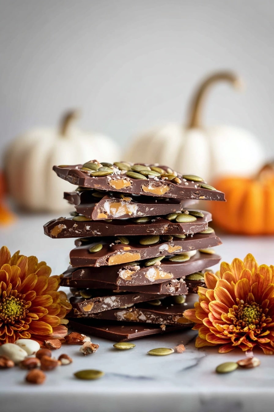 A stack of seven uneven chocolate bark pieces arranged in a loose tower on a white marbled surface, each piece layered with dark brown chocolate mixed with visible pumpkin seeds and nuts, and some lighter caramel-colored candies embedded within the top layers; scattered seeds and nuts lie around the base, accompanied by two orange-yellow chrysanthemum flowers on the right and left sides, with blurred white and orange pumpkins in the background. photo taken with an iphone --ar 2:3 --v 7 - Milk Chocolate Pumpkin Buttercrunch, Pumpkin Buttercrunch Recipe, Fall Candy Recipes, Easy Holiday Treats, Pumpkin Chocolate Snack