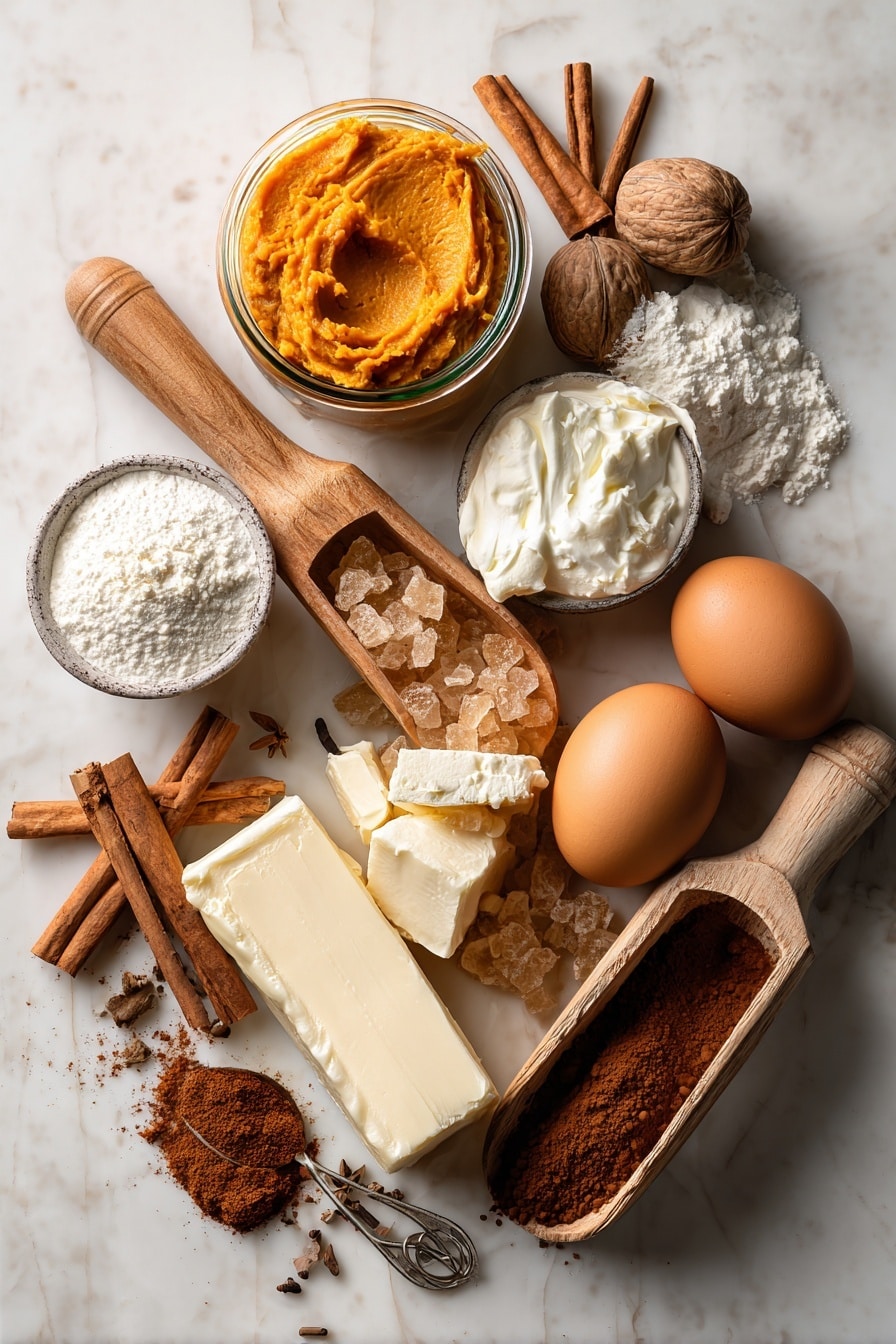 Flat lay of vibrant orange pumpkin puree in a small glass jar, rich brown sugar crystals heaped in a rustic wooden scoop, warm cinnamon sticks and whole nutmeg with textured shells, fresh large brown eggs with smooth shells, creamy white Greek yogurt in a dollop, a block of soft ivory cream cheese with a velvety surface, pale golden unsalted butter with slight ridges from slicing, and a small pile of deep brown instant espresso powder arranged naturally in small heaps, enhanced by scattered cinnamon sticks and a whole nutmeg partially grated, placed on white marbled surface, photo taken with an iphone --ar 2:3 --v 7 - Pumpkin Dream Cupcakes with Espresso Cream Cheese Frosting, pumpkin spice cupcakes, fall dessert recipes, coffee-flavored cupcakes, cozy autumn treats