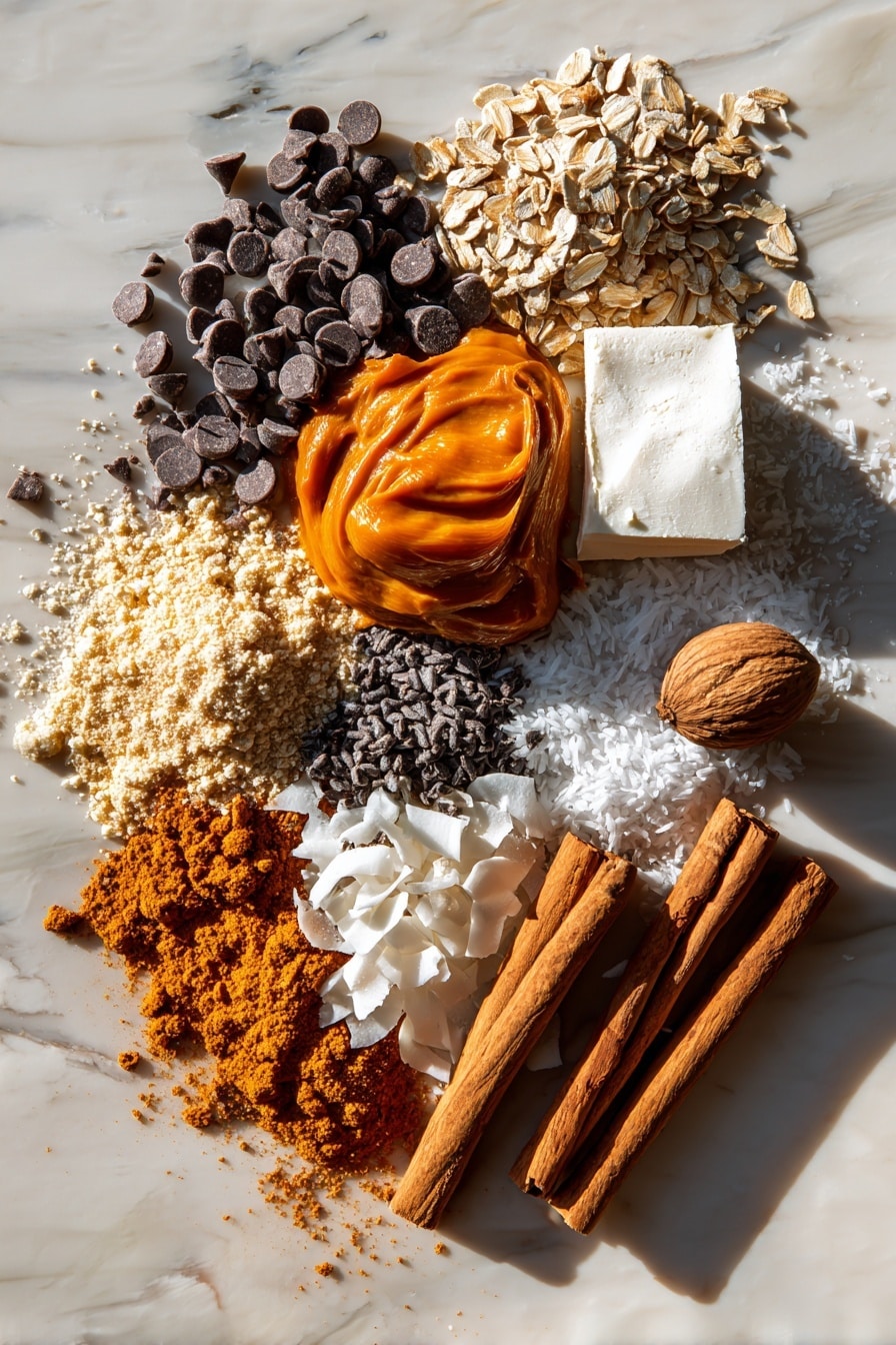Flat lay of smooth cream cheese block with a dollop of rich orange pumpkin butter, a heap of glossy dark chocolate chips, a scattering of fluffy white coconut flakes, deep brown granular brown sugar crystals, golden graham cracker crumbs with a crunchy texture, whole warm-toned cinnamon sticks, and a fresh nutmeg pod showing its rough, brown shell, arranged naturally with soft shadows, placed on white marbled surface, photo taken with an iphone --ar 2:3 --v 7 - Pumpkin Gooey Bars with Chocolate Chips and Coconut, fall dessert recipes, pumpkin dessert ideas, chocolate chip pumpkin bars, easy autumn treats