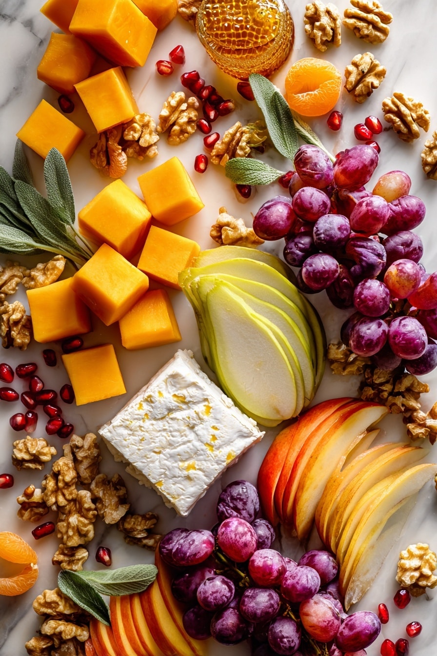 Flat lay of bright orange butternut squash cubes with smooth, creamy white cream cheese blocks, golden toasted walnuts, fresh green sage leaves with delicate textures, rich amber honeycomb glistening softly, deep red and purple seedless grapes clustered naturally, thinly sliced pale yellow pears with a smooth surface, vibrant rainbow carrot slices showing shades of orange, purple, and yellow, and glossy red pomegranate arils scattered lightly, all artfully arranged with natural spacing and balance, placed on white marbled surface, photo taken with an iphone --ar 2:3 --v 7 - Butternut Squash Cheeseball and Holiday Cheese Board, fall cheese ball recipe, festive appetizer cheese board, holiday cheese platter, cozy cheese ball recipe