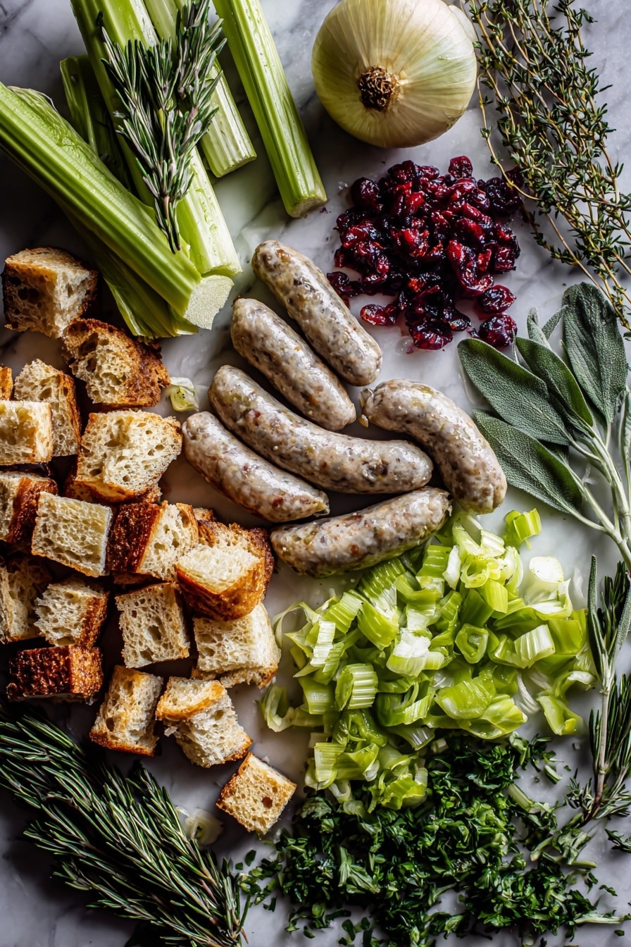 Flat lay of torn rustic baguette cubes with golden toasted edges, plump raw Italian sausage links with a shiny, marbled texture, bright green celery stalks thinly sliced, a medium yellow onion with its papery skin partially peeled back, fresh sage leaves in soft muted green, woody rosemary sprigs with rich dark green needles, delicate thyme leaves scattered gently, a small pile of dried cranberries in deep red tones, and vibrant chopped parsley with bright green, curly leaves, all naturally arranged with slight overlaps and soft shadows, placed on white marbled surface, photo taken with an iphone --ar 2:3 --v 7 - Sausage Cranberry Stuffing, Thanksgiving stuffing with sausage and cranberries, savory holiday stuffing recipe, easy festive stuffing recipe, flavorful stuffing ideas