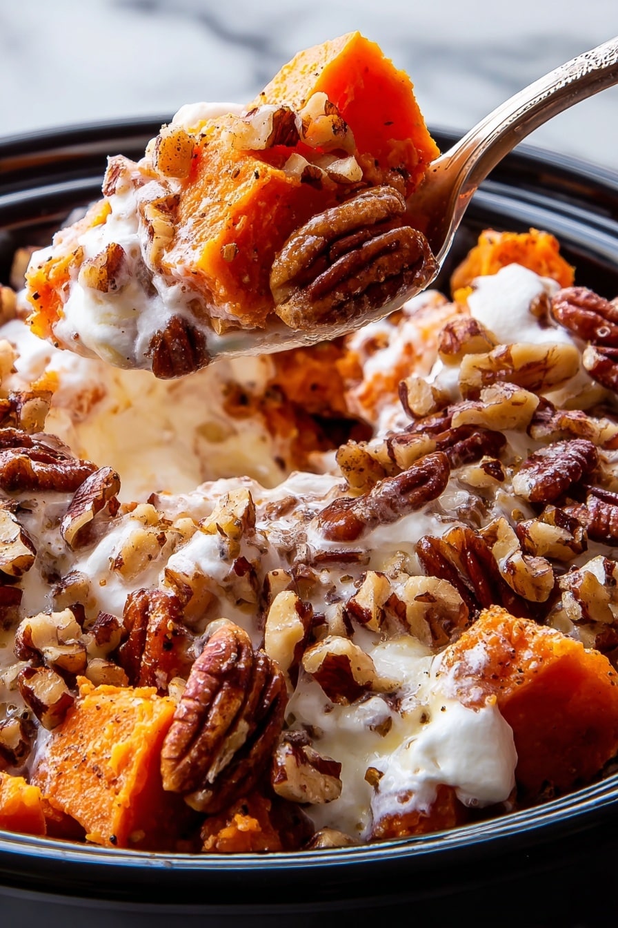 The image shows a close-up of a dish with three main layers: roasted orange chunks of sweet potato, fluffy white melted marshmallows on top, and reddish-brown pecan nuts scattered throughout. The roasted sweet potatoes have a soft and slightly caramelized look with a warm orange color. The melted marshmallows are bubbly and creamy, covering parts of the sweet potatoes and nuts. The pecans add a crunchy texture and deep brown color among the other ingredients. The dish is served inside a black container, and a spoon with some food is lifting a portion. The background is a white marbled texture. Photo taken with an iphone --ar 2:3 --v 7 - Crockpot Sweet Potato Casserole with Marshmallows and Pecans, sweet potato casserole, slow cooker sweet potato side dish, marshmallow pecan sweet potato, holiday sweet potato casserole