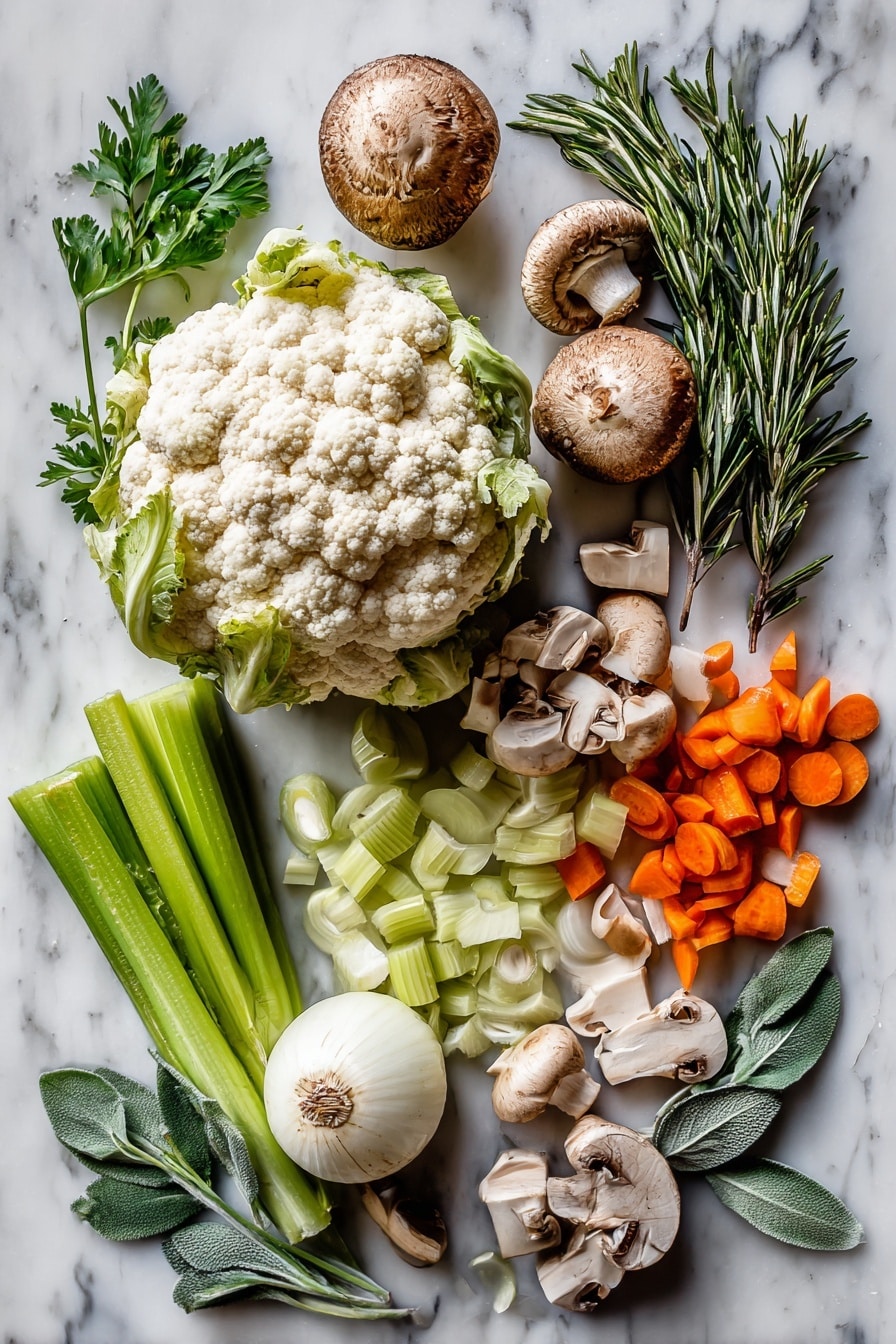 Flat lay of a small head of cauliflower with its creamy white florets and green leaves, bright orange peeled and chopped carrots, crisp pale green celery stalks sliced thin, whole and chopped baby bella mushrooms with their deep brown caps and smooth textures, a single white onion with papery skin and some chopped pieces, fresh vibrant green parsley leaves, sprigs of fragrant rosemary with needle-like dark green leaves, and soft sage leaves with a dusty green hue, all beautifully arranged in a natural, slightly scattered style with varied sizes and shapes, placed on white marbled surface, photo taken with an iphone --ar 2:3 --v 7 - Cauliflower Stuffing, healthy cauliflower stuffing, veggie stuffing recipe, low-carb stuffing ideas, vegan stuffing alternatives