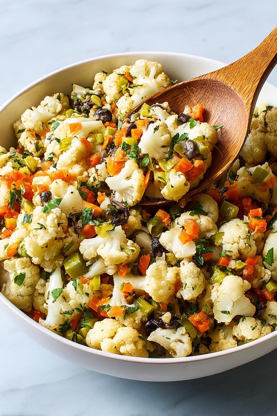 A white bowl filled with a mixed vegetable dish showing about three main layers: at the bottom is a base of finely chopped translucent onions and celery, followed by a middle layer of small diced bright orange carrots and dark brown mushrooms, and on top, larger pieces of light yellow cauliflower florets scattered evenly. The vegetables have a slightly soft texture with some green herb bits sprinkled throughout, and a wooden spoon rests on one side inside the bowl. The bowl is placed on a white marbled surface. photo taken with an iphone --ar 2:3 --v 7 - Cauliflower Stuffing, healthy cauliflower stuffing, veggie stuffing recipe, low-carb stuffing ideas, vegan stuffing alternatives