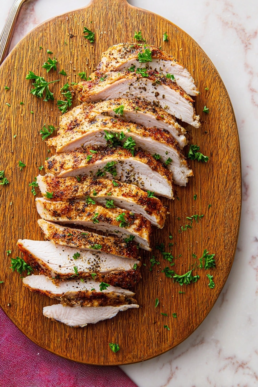 A wooden cutting board with a sliced seasoned chicken breast arranged in a slightly fanned manner, showing a golden-brown crust on top and white tender meat inside, sprinkled with chopped fresh green herbs and coarse black pepper. To the right, a white plate with a slight pinkish tone holds a folded deep red cloth napkin and three forks placed side by side on top. The setting rests on a white marbled surface with scattered green herb leaves adding a fresh touch. photo taken with an iphone --ar 2:3 --v 7 - Crock-Pot Turkey Breast with Honey and Spiced Rub, slow cooker turkey breast, honey spiced turkey, easy holiday turkey recipe, juicy turkey breast in slow cooker