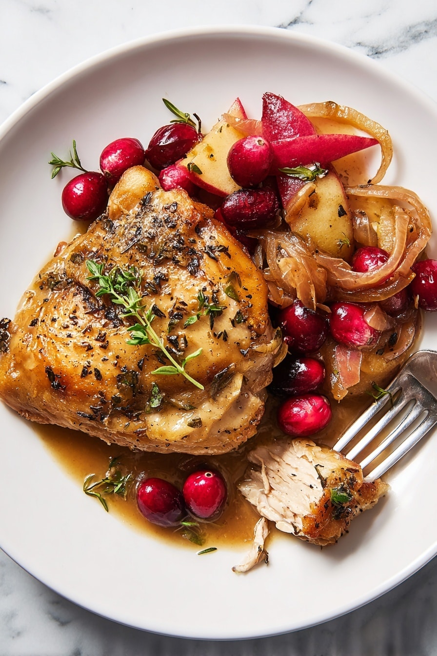 A cast iron pan holds five golden-brown chicken pieces with toasted, crispy skin evenly spread out. Around and under the chicken, there are bright red cranberries, soft pink and yellow apple slices, and fresh green herbs sprinkled on top. A silver spoon sits on the right side of the pan with some apples and cranberries in it, resting on a rich brown sauce that fills the bottom. The pan is placed on a white marbled surface with a stack of white plates seen in the top left corner. photo taken with an iphone --ar 2:3 --v 7 - Apple & Cranberry Roasted Chicken, roasted chicken with apples and cranberries, holiday roasted chicken recipe, easy fall chicken dinner, juicy roasted chicken with fruit