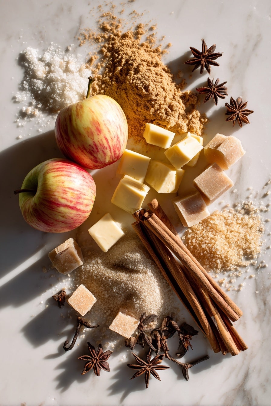 Flat lay of peeled and sliced honey crisp apples with their pale yellow and red skin edges, rich golden brown cubes of butter, a small pile of coarse brown sugar, warm cinnamon sticks alongside loose cinnamon powder, star anise pods for depth, a mound of pale beige ground nutmeg, smooth ivory sticks of vanilla, and a scattering of crystallized Demerara sugar crystals, all beautifully arranged in a natural, slightly overlapping layout with soft shadows, placed on white marbled surface, photo taken with an iphone --ar 2:3 --v 7 - Apple Pie-Stuffed Cupcakes, apple pie cupcakes, apple-filled cupcakes, cinnamon apple cupcakes, fall dessert recipes