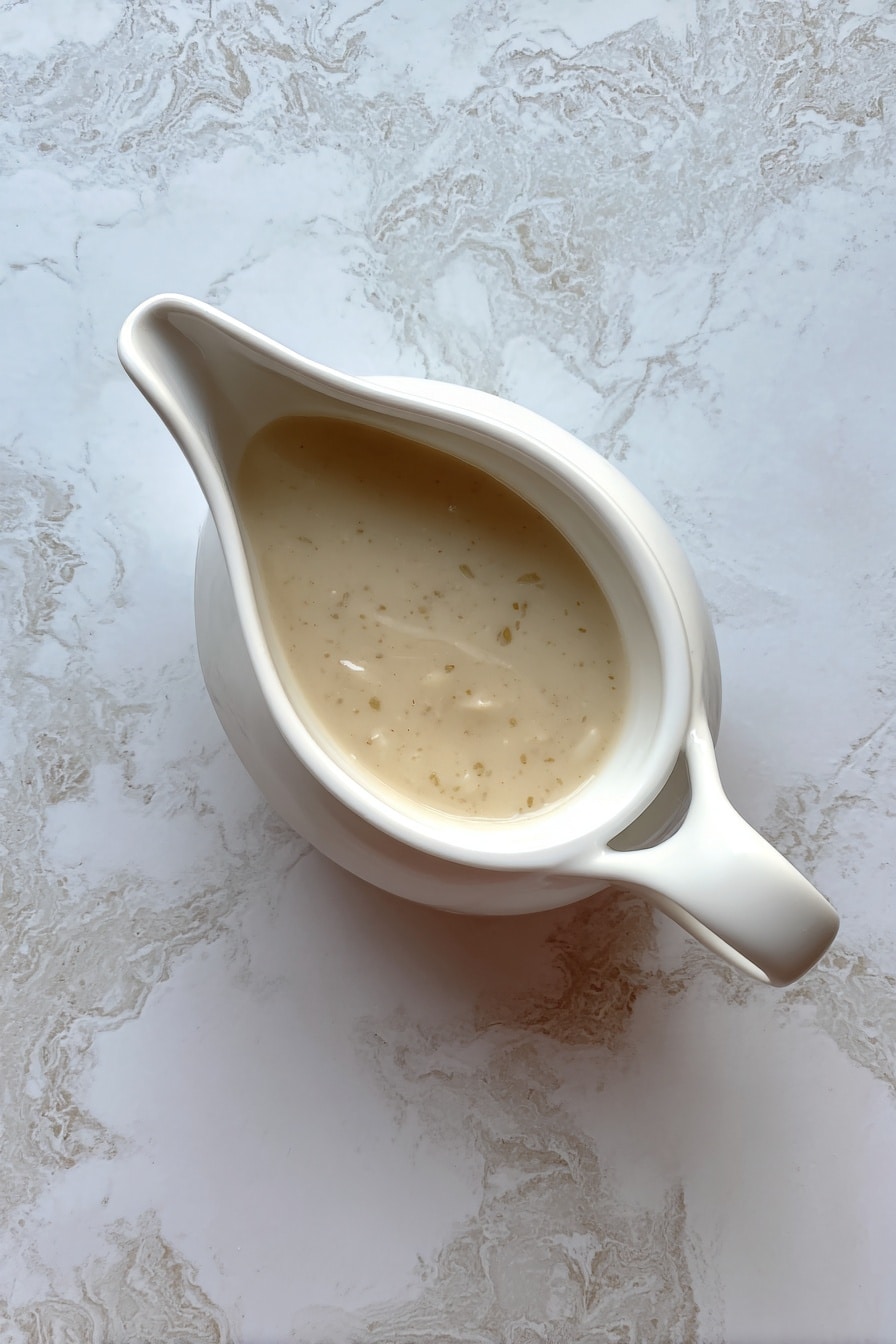 The image shows a white gravy boat filled with a creamy, light brown gravy that has small mushroom pieces visible on the surface. Behind it, there is a white plate with three layers: on the left, a generous mound of smooth mashed potatoes garnished with small green herbs, next to it on the right, four slices of roasted meat with a golden brown outer edge and a tender pale center. The setting is on a white marbled surface with warm wooden tones in the background. Photo taken with an iphone --ar 2:3 --v 7 - Giblet Gravy, giblet gravy recipe, homemade giblet gravy, turkey gravy with giblets, easy giblet gravy