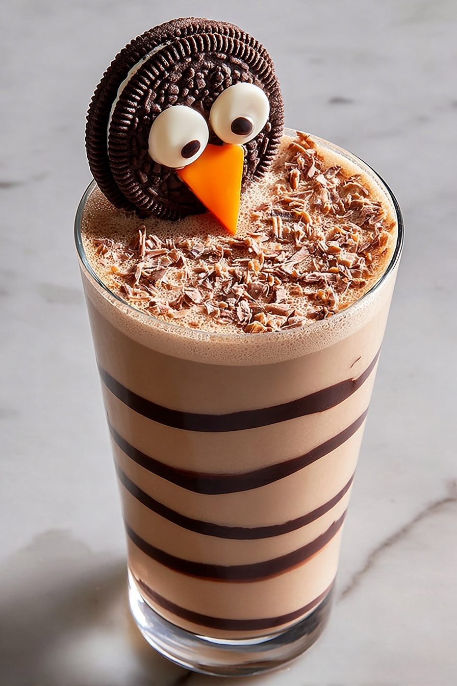 This is a creamy drink in a clear glass with a light brown color making up the main three layers. Dark brown chocolate syrup spirals around from top to bottom inside the glass. The top layer is sprinkled with fine shavings that look like chocolate or nut powder. On the rim, there is a decoration made of three round chocolate cookie layers stacked behind each other, a small orange triangle piece resembling a beak at the front, and two white round candy eyes with black centers placed above it. The glass is set on a white marbled surface. Photo taken with an iphone --ar 2:3 --v 7 - Turkeytini chocolate bourbon Baileys cocktail nutmeg festive drink holiday gathering, indulgent chocolate bourbon Baileys martini, easy holiday cocktail recipes, festive chocolate cocktail, creamy Christmas drinks