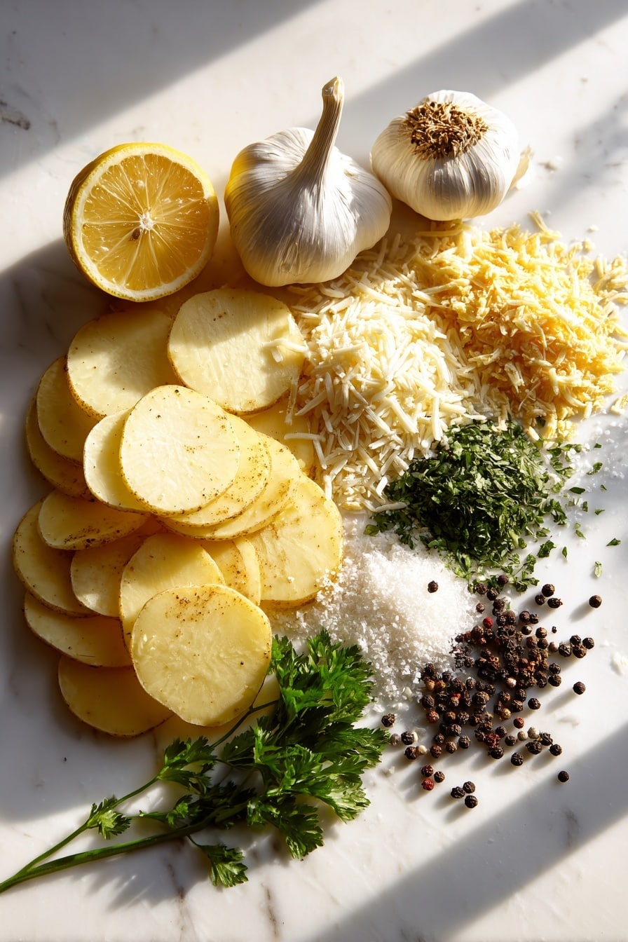 Flat lay of golden Yukon gold potatoes thinly sliced in delicate rounds, a small mound of finely shredded creamy white Pecorino Romano and pale yellow Parmigiano Reggiano cheeses mixed together, bright green finely chopped parsley scattered like confetti, a few cloves of garlic with papery white skins and smooth texture, a fresh lemon with vibrant yellow zest curls, coarse flakes of sea salt sparkling, and whole black peppercorns showing a glossy deep black finish, all naturally arranged with soft shadows and a fresh, clean look, placed on white marbled surface, photo taken with an iphone --ar 2:3 --v 7 - Crispy Cacio e Pepe Roasted Potato Stacks, cheesy potato stacks, crispy potato side dish, baked potato appetizer, flavorful potato recipe