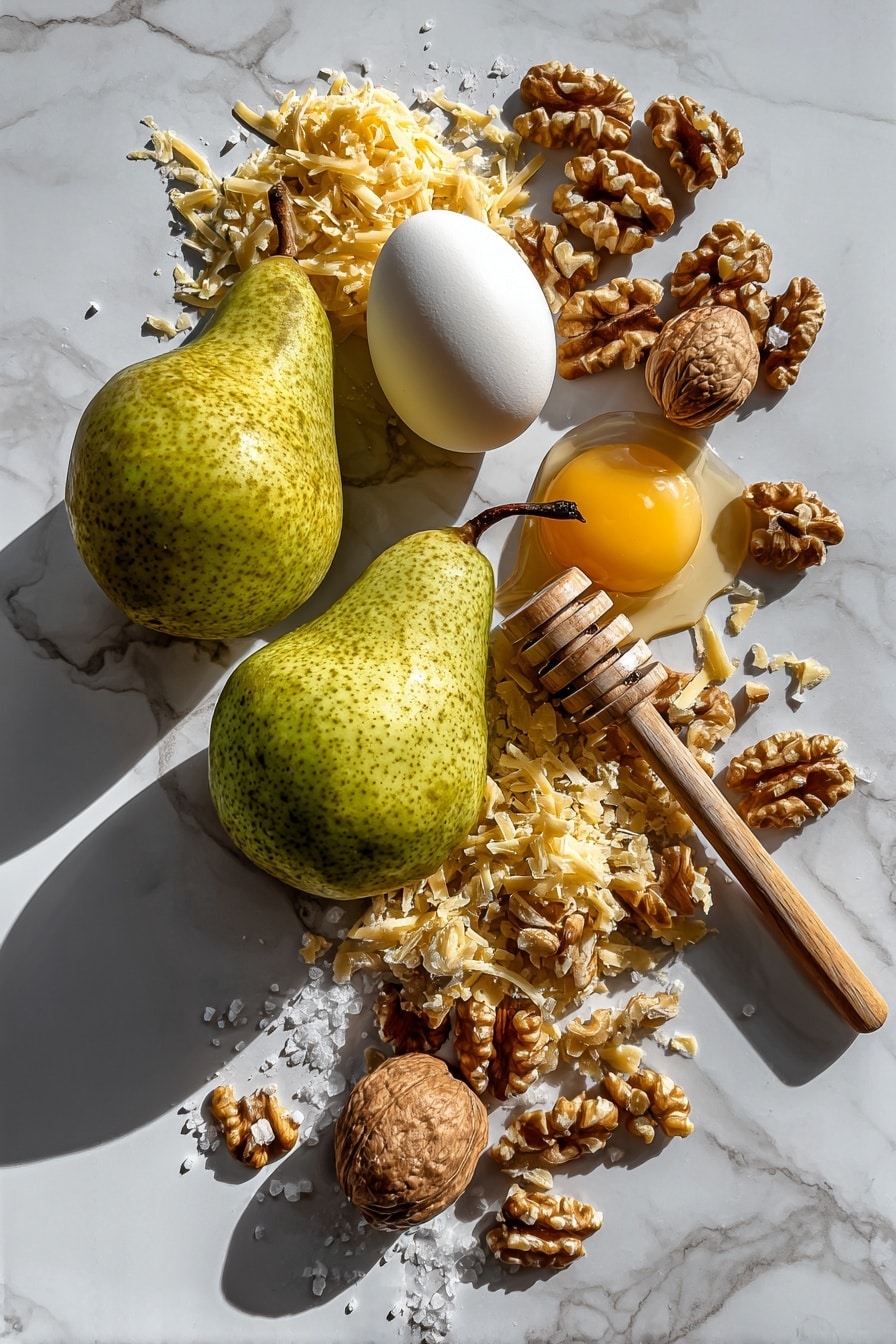Flat lay of ripe Bartlett pears with smooth green-yellow skin, a small pile of golden shredded spicy cheddar cheese, a cluster of toasted walnuts with rich brown textures, a small honey dipper dripping golden honey, a cracked raw egg showing bright yellow yolk and clear whites, scattered flaky sea salt crystals glistening softly, all naturally arranged with gentle overlaps and soft shadows, placed on white marbled surface, photo taken with an iphone --ar 2:3 --v 7 - Pear, Walnut & Cheddar Puff Pastry Tart, savory pear and cheese tart, quick puff pastry tart recipe, easy cheese and fruit tart, cozy dinner party tart
