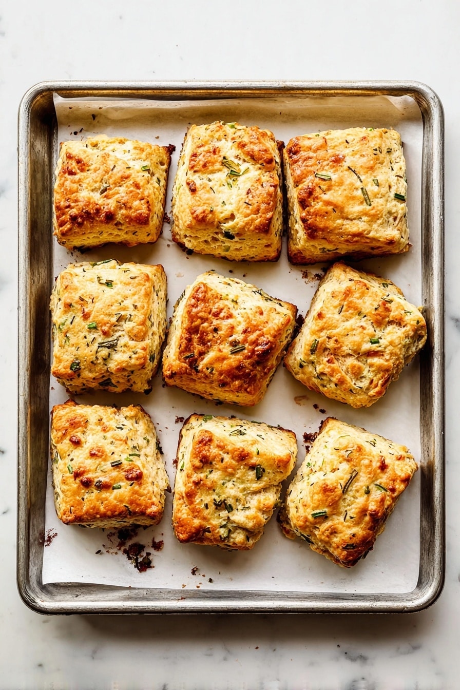 A white round plate sits on a white marbled surface, holding nine square savory biscuits, each golden brown with specks of green herbs and small pieces of lighter dough visible. The biscuits have a rough, rustic texture with browned spots on top and sides. One biscuit is broken open in the center of the plate, showing a soft, fluffy inside with green herbs mixed throughout; a smooth swirl of butter is melting on this piece. At the upper left, a knife with butter spread on its blade rests on the plate. photo taken with an iphone --ar 2:3 --v 7 - Onion Chive and Parmesan Biscuits, savory biscuits with chives and Parmesan, flaky onion and cheese biscuits, easy homemade biscuits with cheese and herbs, flavorful brunch biscuits