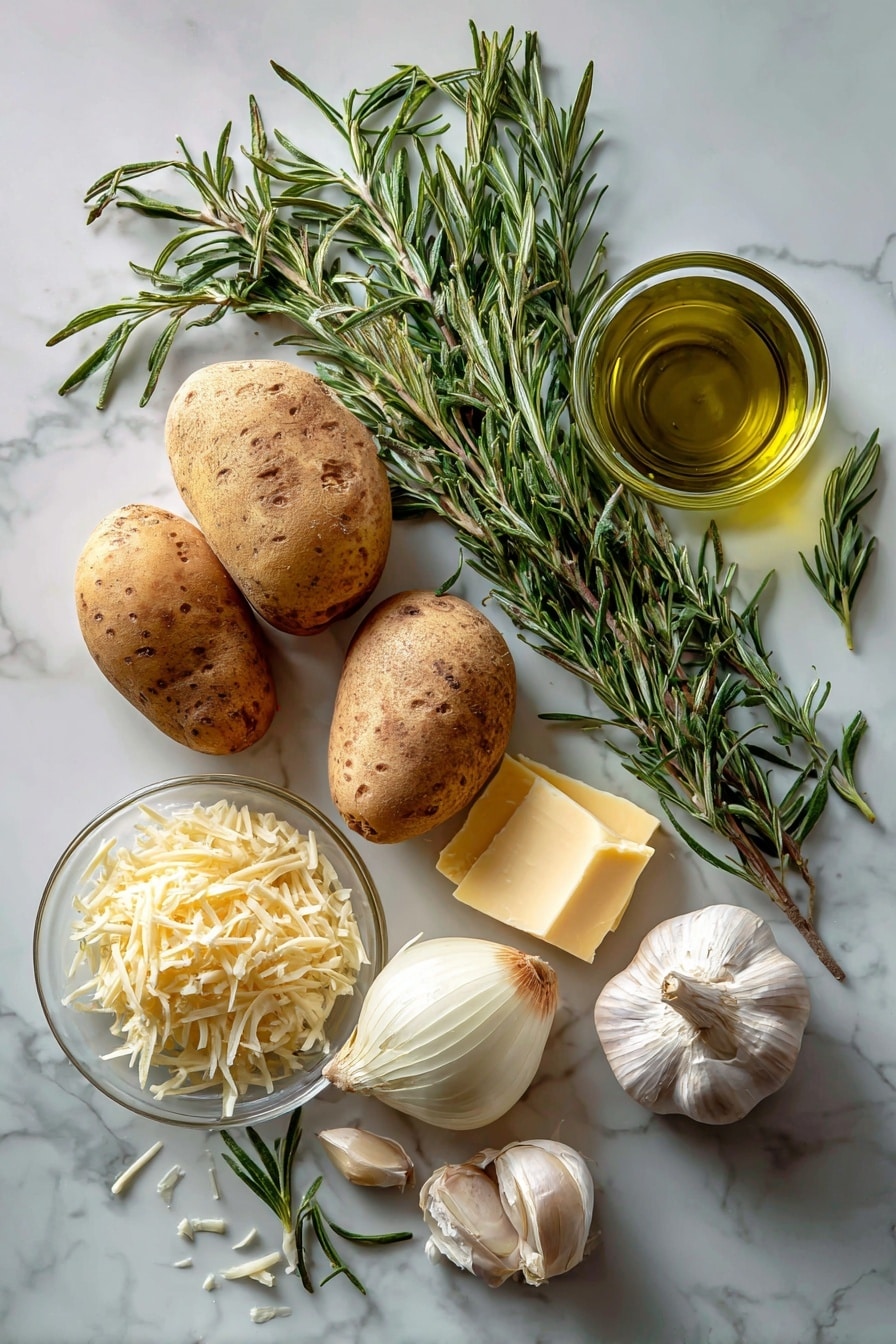 Flat lay of six whole russet potatoes with rough brown skins, a small shallot with its pale purple layers, four plump garlic cloves in smooth white skins, two fresh rosemary sprigs with vibrant green needle-like leaves, a small pile of grated pale yellow parmesan cheese, a chunk of golden salted butter, and a glass container of rich green extra-virgin olive oil, all naturally arranged with some rosemary leaves scattered gently around, placed on white marbled surface, photo taken with an iphone --ar 2:3 --v 7 - Hasselback Potatoes with Herb Butter and Parmesan, Hasselback Potatoes, Herb Butter Potatoes, Parmesan Roasted Potatoes, Easy Side Dishes
