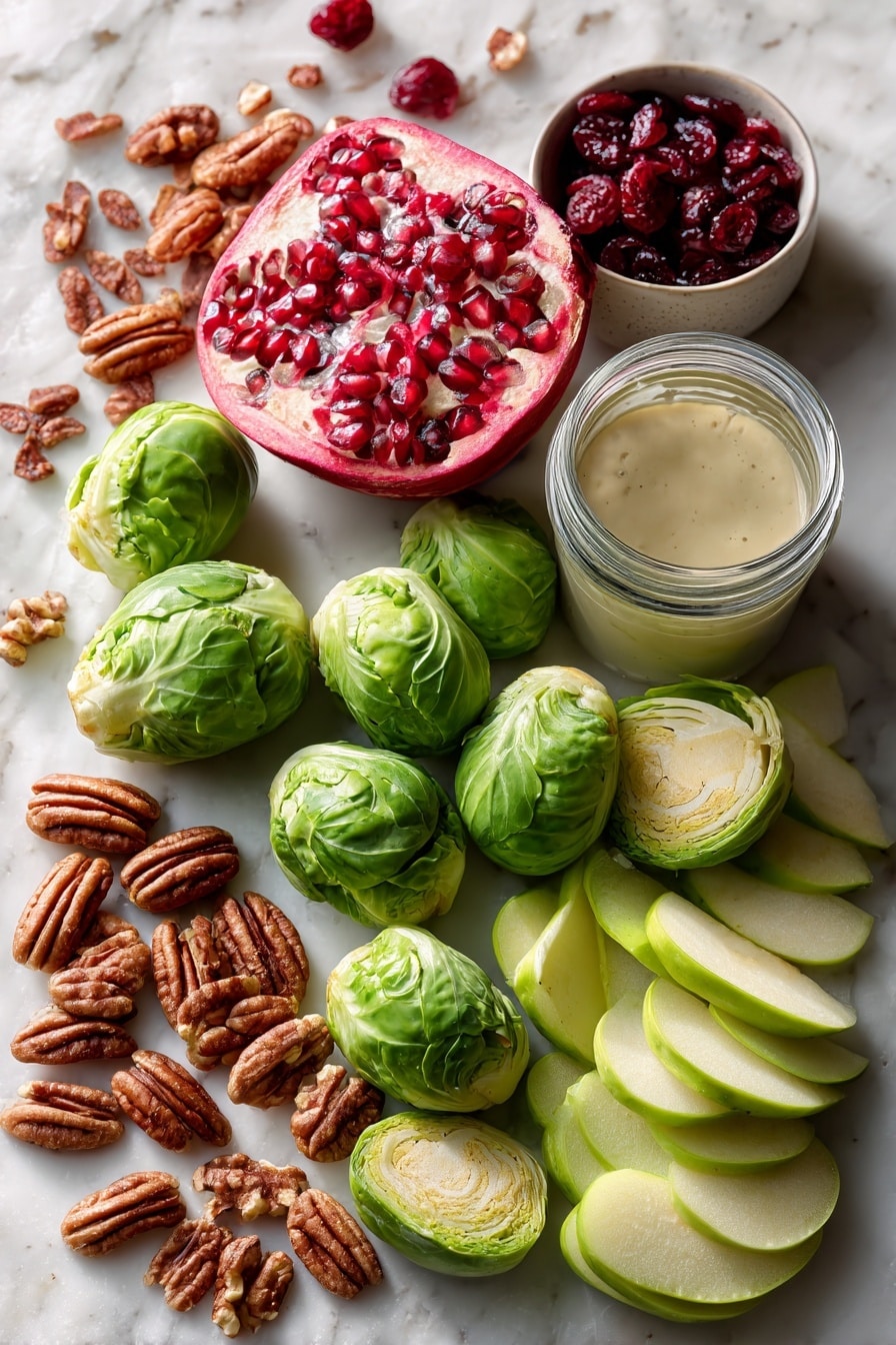Flat lay of thinly sliced bright green Brussels sprouts with their delicate, ruffled edges, scattered toasted pecan halves in warm brown tones, shiny deep red dried cherries, crisp pale yellow-green honeycrisp apple slices with smooth skin, vibrant ruby red pomegranate seeds glistening like jewels, and a small jar of creamy, light beige maple dressing with a silky texture, all beautifully arranged in a natural, slightly overlapping pattern to show variety and freshness, placed on white marbled surface, photo taken with an iphone --ar 2:3 --v 7 - Shaved Brussels Sprout Salad with Creamy Maple Dressing, Brussels sprout salad, healthy Brussels sprout recipes, winter salad ideas, easy vegetable salads