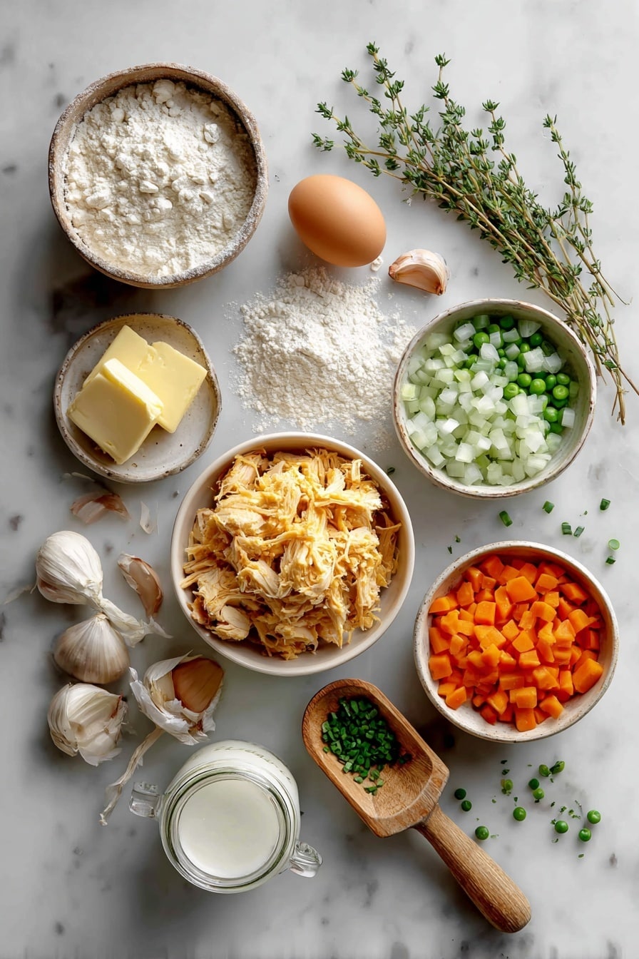 Flat lay of a small pat of butter next to a bowl of diced onions, a similar bowl of diced carrots, and a bowl of sliced celery, a handful of frozen peas scattered nearby, three garlic cloves minced with a small pile of fresh thyme sprigs, a wooden scoop of flour beside a cracked egg and a small jar of buttermilk, a mound of shredded cooked turkey, and a few chopped chives, all arranged with a rustic wooden spoon and a light dusting of flour scattered for texture, placed on a white marble surface, photo taken with an iphone --ar 2:3 --v 7 - Leftover Turkey and Dumplings, easy leftover turkey recipes, comforting turkey stew, homemade dumpling recipes, cozy winter dinners