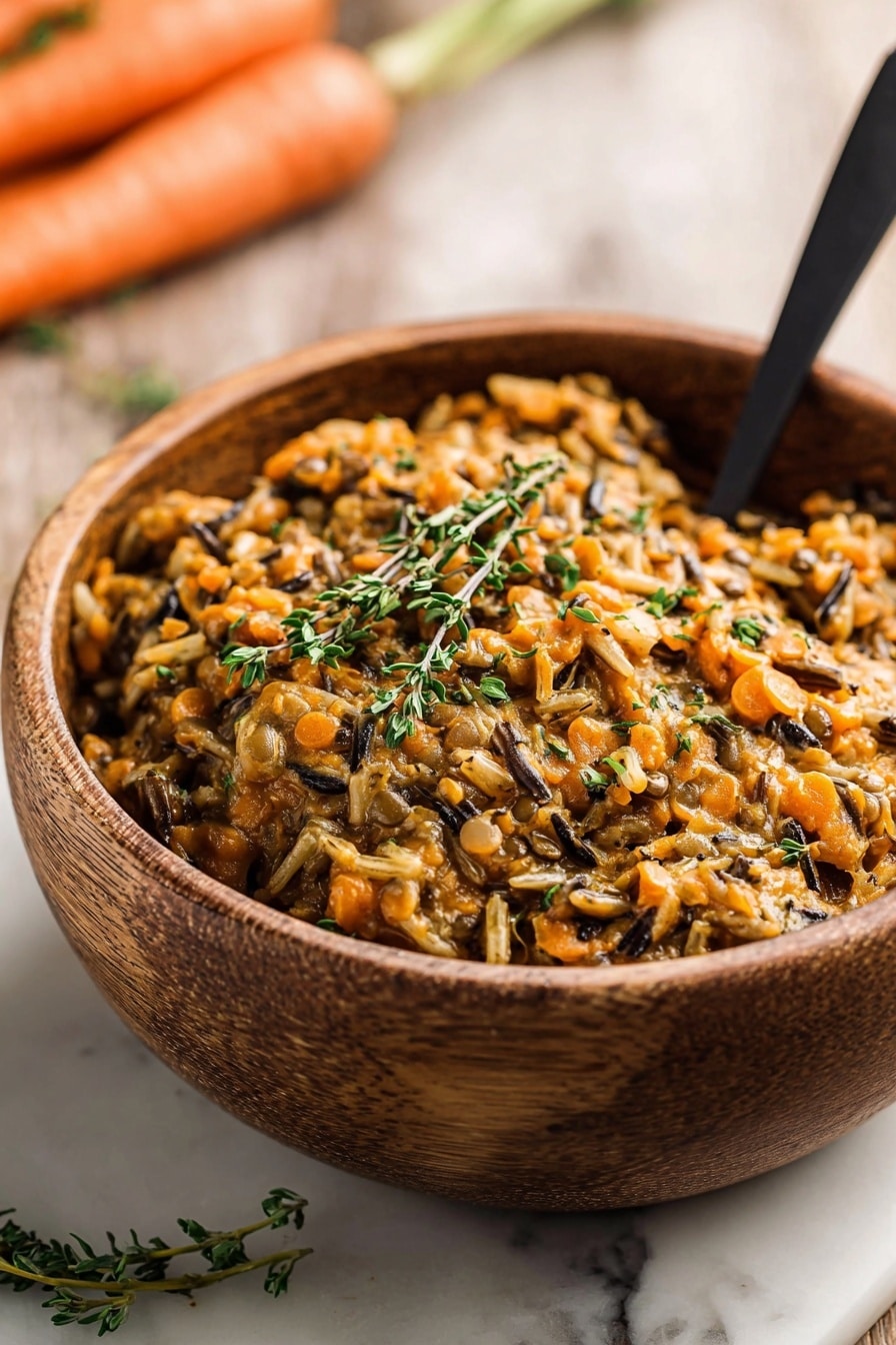 A rustic wooden bowl filled with a thick, textured mix of orange and brown wild rice and lentils sits on a wooden surface with fresh carrots blurred in the back. The dish has visible long, dark wild rice grains mixed with soft, orange lentils creating a layered, chunky look with some green herb leaves sprinkled throughout. Three sprigs of fresh green thyme lie on top as garnish, with a black spoon stuck into the mix on the right side. The overall look is warm and hearty with natural colors and a cozy feel. Photo taken with an iphone --ar 2:3 --v 7 - Instant Pot Leftover Turkey Wild Rice Casserole, leftover turkey recipes, easy turkey casserole, wild rice recipes, holidays leftovers dinner