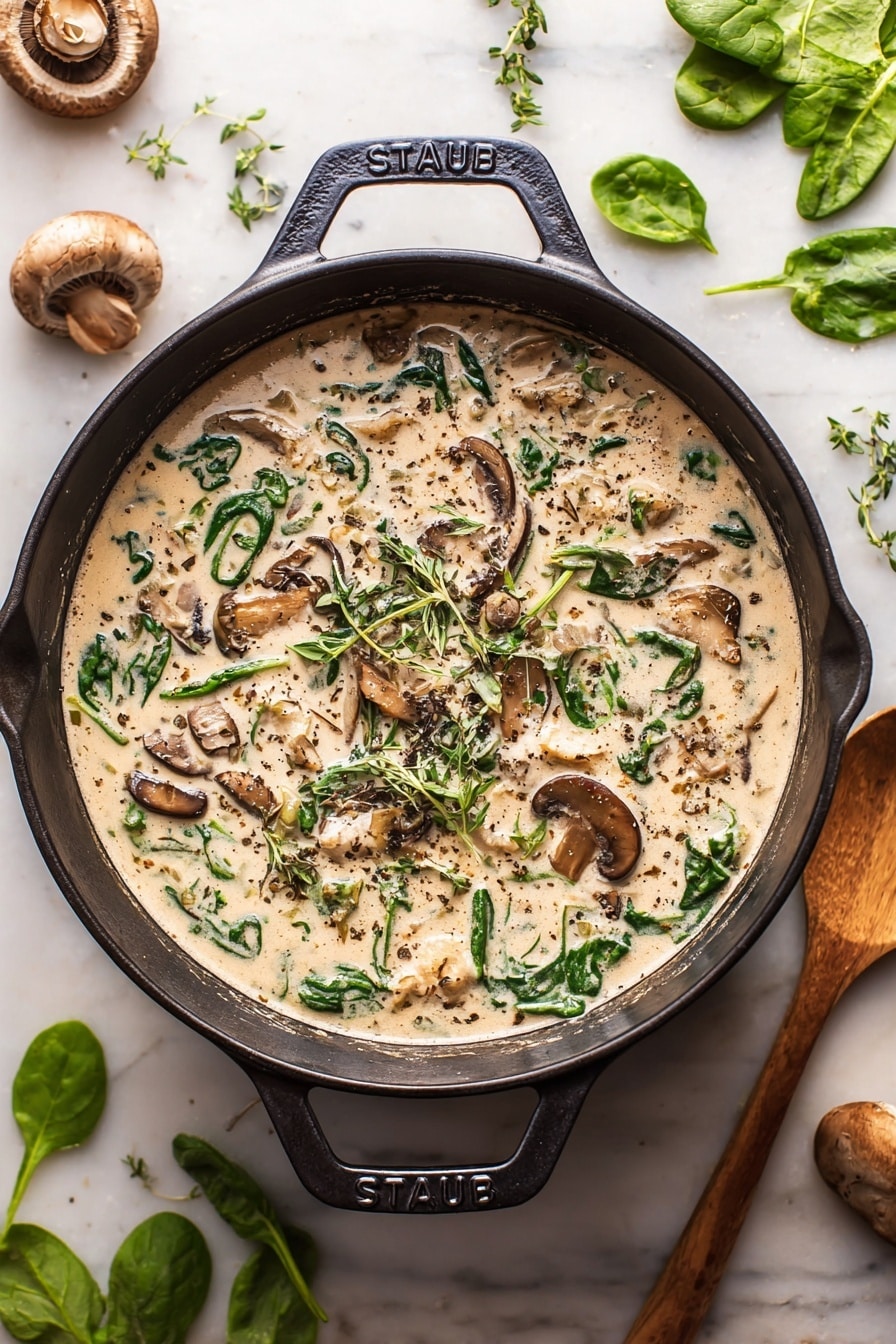 A close-up view shows a black ladle scooping creamy white soup from a black pot. The soup has a rich, smooth texture with visible pieces of light beige cooked chicken, small brown mushrooms, chopped red onion, and fresh green leafy herbs floating on the surface. Tiny drops of soup cling to the ladle's side, enhancing the fresh and hot feel. The background is blurred with hints of wooden kitchen utensils, while the main focus stays on the soup and ladle. Photo taken with an iphone --ar 2:3 --v 7 - Creamy Mushroom Kale Turkey Soup, hearty turkey soup, healthy mushroom soup, quick vegetable soup, comforting kale soup
