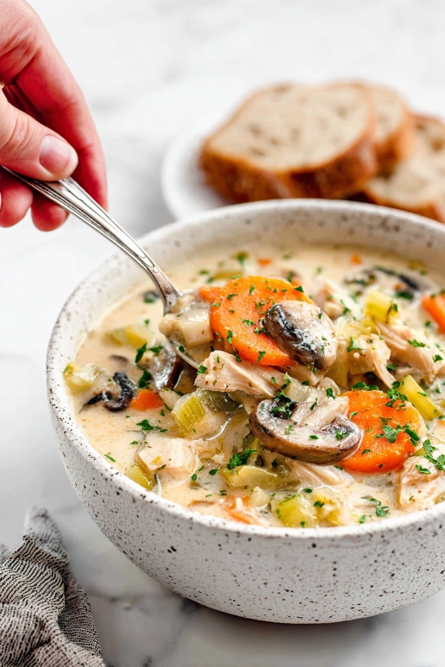 A white speckled bowl filled with creamy soup showing visible layers of orange carrot slices, light brown mushroom slices, chunks of pale cooked chicken, and light yellow pieces of celery, all mixed in a thick light cream broth with small green parsley bits scattered on top. The bowl sits on a white marbled surface with blurred slices of rustic bread in the background. A woman's hand holding a silver spoon is reaching from the left side into the bowl, ready to serve. photo taken with an iphone --ar 2:3 --v 7 - Healthy Leftover Turkey Wild Rice Soup with Vegetables, leftover turkey soup, healthy turkey soup recipe, hearty vegetable soup, nourishing turkey leftovers