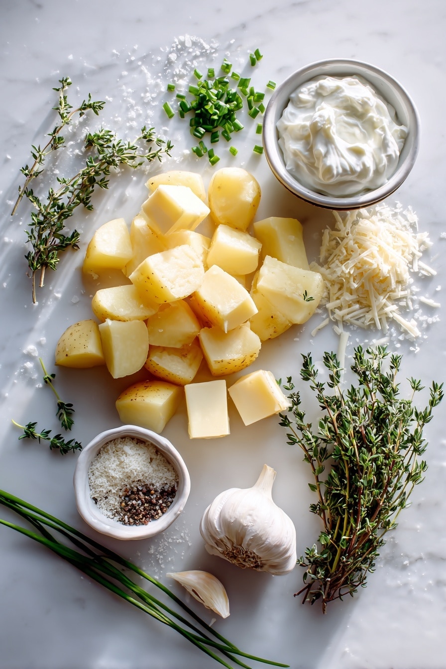 Flat lay of peeled Yukon gold potatoes cut into chunks, a dollop of creamy Greek yogurt, a few pats of soft unsalted butter, freshly chopped green chives, sprigs of fresh thyme, a small pile of grated Parmesan cheese, and a scattering of ground black pepper, beautifully arranged with a sprinkle of kosher salt around them, placed on a white marble surface, photo taken with an iphone --ar 2:3 --v 7 - Instant Pot Mashed Potatoes with Greek Yogurt, Healthy Mashed Potatoes, Quick Mashed Potatoes, Creamy Mashed Potatoes with Parmesan, Easy Instant Pot Potato Recipe