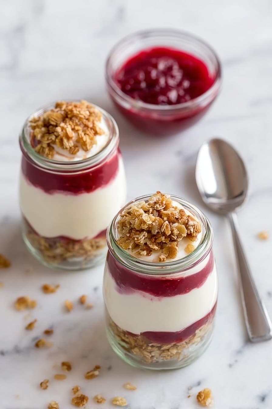 Two small clear glass jars are filled with four layers: the bottom layer is smooth white yogurt, followed by a crunchy light brown granola layer, then a thick layer of red fruit sauce, topped again with white yogurt and sprinkled with more granola on top. The jars sit on a white marbled surface with scattered bits of granola around them. Nearby, a clear glass bowl full of red fruit sauce and a shiny metal spoon rest on the surface. The photo taken with an iphone --ar 2:3 --v 7 - Leftover Cranberry Sauce Parfait, cranberry sauce dessert, easy holiday dessert, quick fruit parfait, festive cranberry recipes