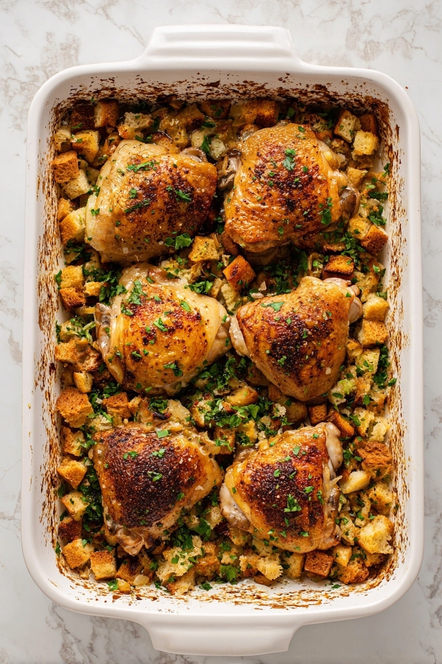 A white rectangular baking dish filled with five browned chicken thighs, each with a crispy golden skin and scattered fresh green herbs on top. Beneath and around the chicken thighs are small pieces of toasted bread stuffing in shades of golden brown, mixed with chopped green herbs. The edges of the dish have slight browning from the cooking process. The background shows a white marbled texture. Photo taken with an iphone --ar 2:3 --v 7 - Thanksgiving Chicken and Stuffing Bake, easy gravy recipe, holiday chicken casserole, one-pan holiday dinner, cozy comfort food
